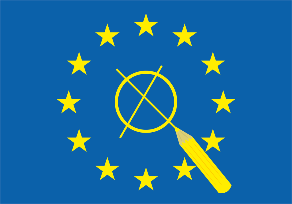 Das Bild zeigt die gelben europäischen Sterne mit Stift und angekreuzten Kreis als Symbol für die Europawahl